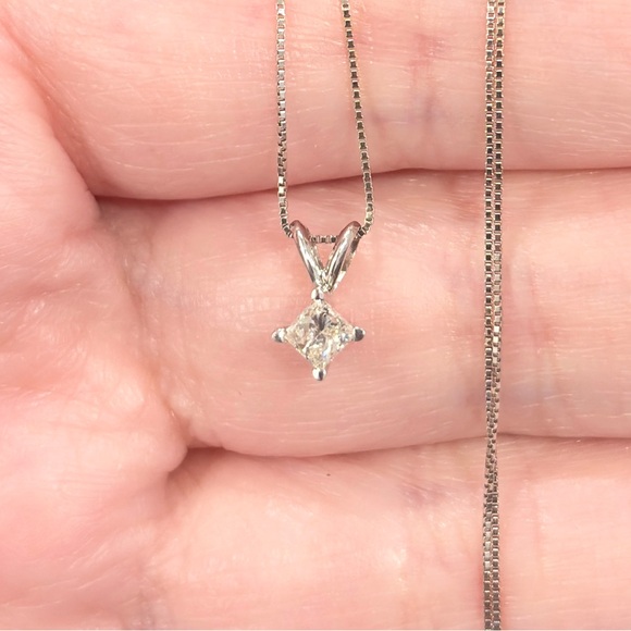 Vintage 14K White Gold Diamond Solitaire Necklace: Princess Cut Dainty Pendant - Picture 3 of 11